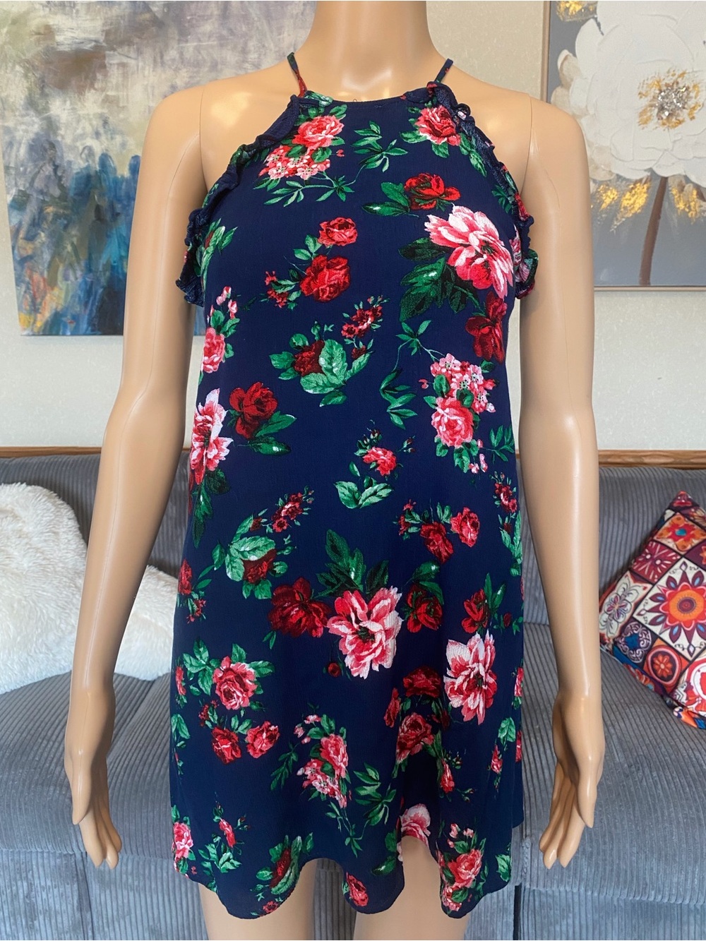 U2B Navy Halter Dress with Red Rose Print